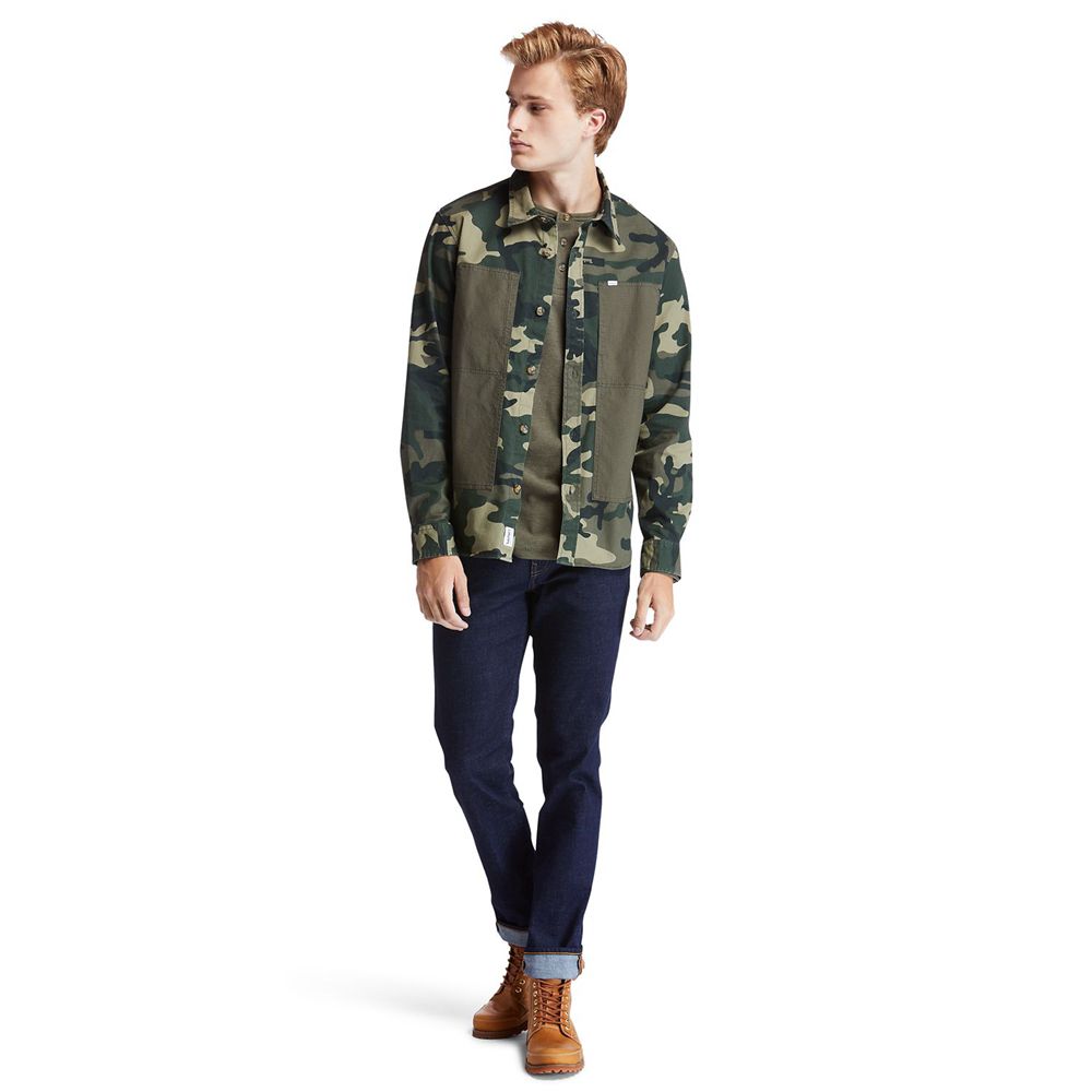 Timberland Mens Shirts Mixed-Media Camo Utility Over - Olive - India UO8271460